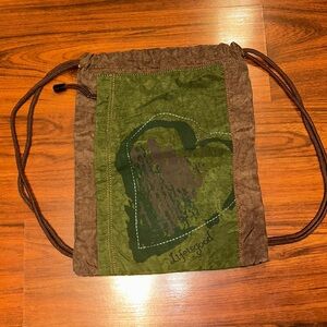 VTG Life Is Good Heart Side Zipper Green & Brown Drawstring Backpack Y2K Earthy